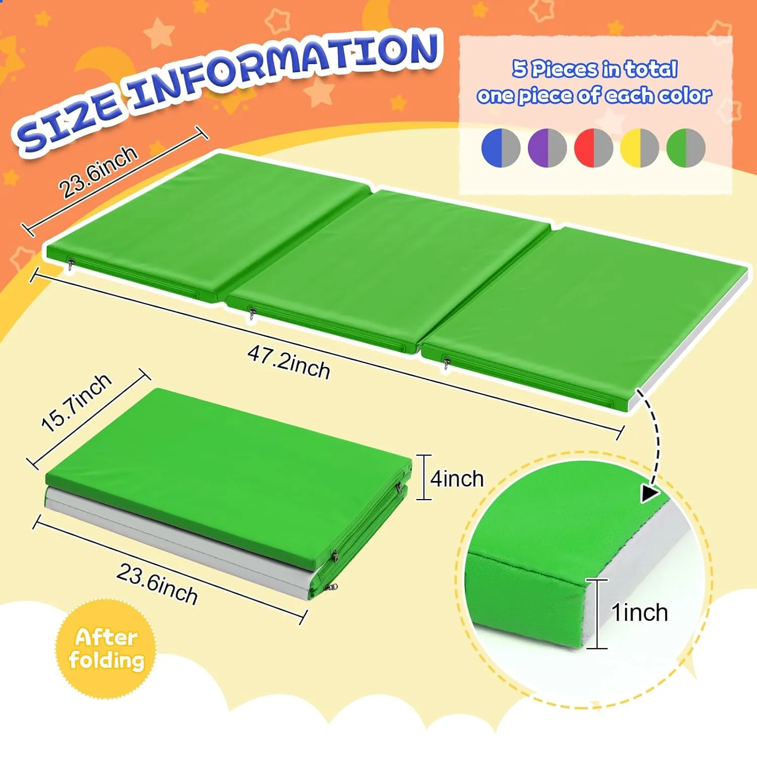 Wesiti 5 Pcs Thick Folding Nap Mat 3 Section Folding Rest Mats Folding Sleeping Mat for Kids Toddler Daycare Nap Mats for School Preschool Classroom Kindergarten (Multicolor)