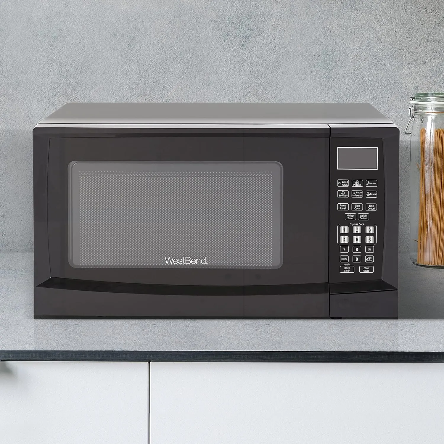 West Bend WBMW92B Microwave Oven 900-Watts Compact with 6 Pre Cooking Settings, Speed Defrost, Electronic Control Panel and Glass Turntable, Black