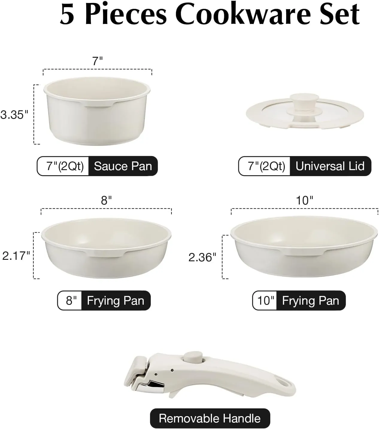 White Non-Stick Ceramic Cookware Set, 5-Piece Pots and Pans Set with Detachable Handles, Perfect for Everyday Cooking, RV Camping, and Compact Kitchens, Induction Compatible, PFOA & PTFE Free