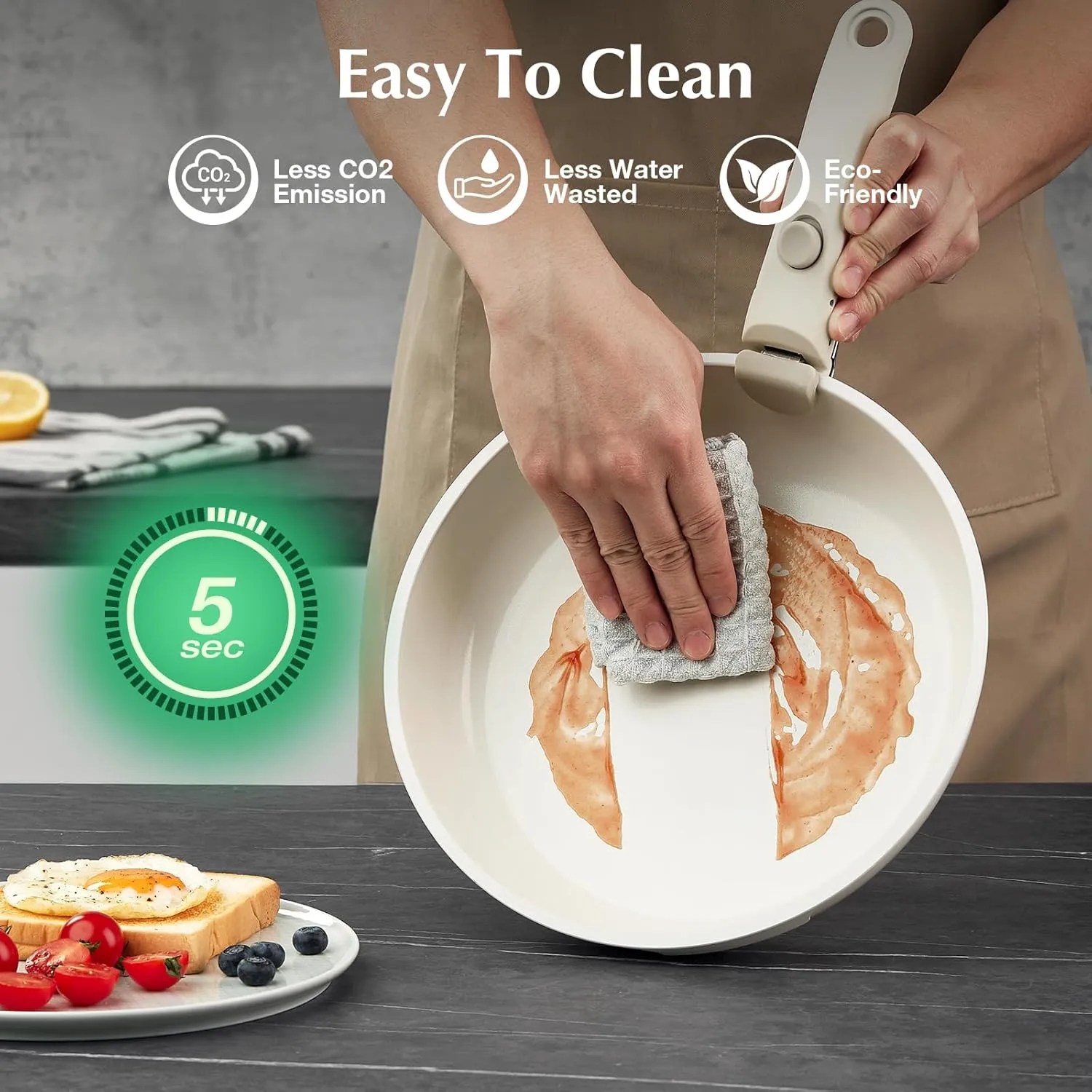 White Non-Stick Ceramic Cookware Set, 5-Piece Pots and Pans Set with Detachable Handles, Perfect for Everyday Cooking, RV Camping, and Compact Kitchens, Induction Compatible, PFOA & PTFE Free