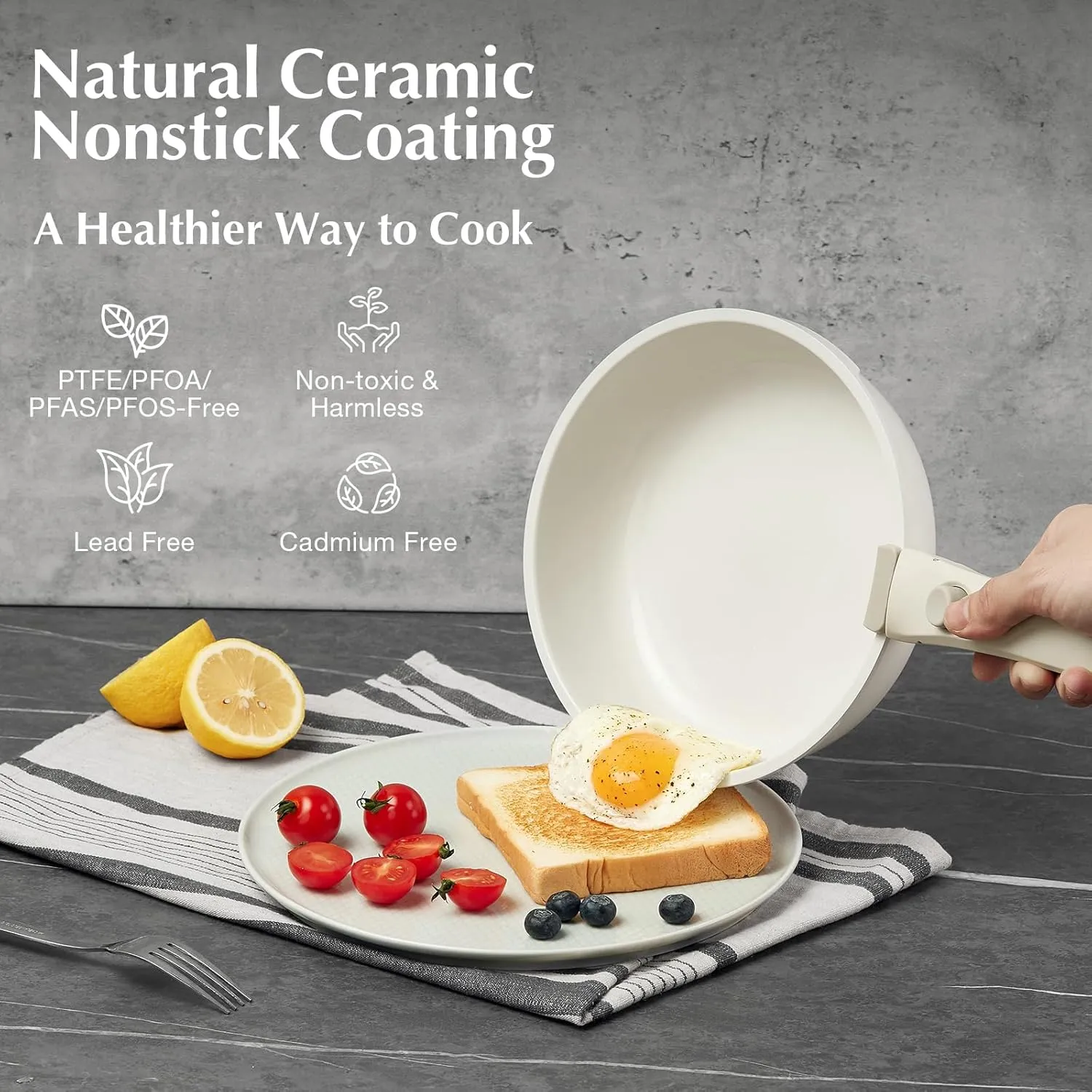 White Non-Stick Ceramic Cookware Set, 5-Piece Pots and Pans Set with Detachable Handles, Perfect for Everyday Cooking, RV Camping, and Compact Kitchens, Induction Compatible, PFOA & PTFE Free
