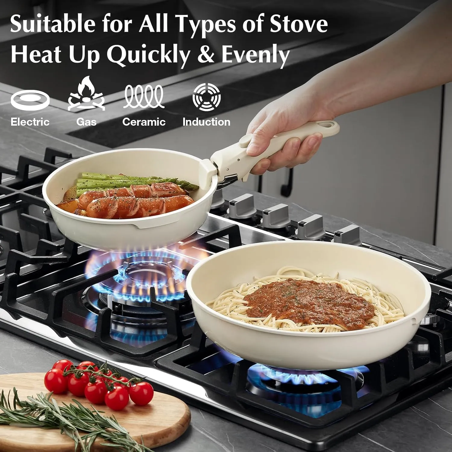 White Non-Stick Ceramic Cookware Set, 5-Piece Pots and Pans Set with Detachable Handles, Perfect for Everyday Cooking, RV Camping, and Compact Kitchens, Induction Compatible, PFOA & PTFE Free