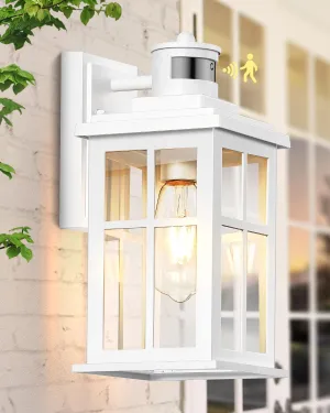 White Outdoor Wall Lights, Motion Sensor Porch Light Outdoor, Dusk to Dawn Outdoor Light Fixtures, Waterproof Outside Lights for House, Garden, Front Porch, Tempered Glass, Anti-Rust