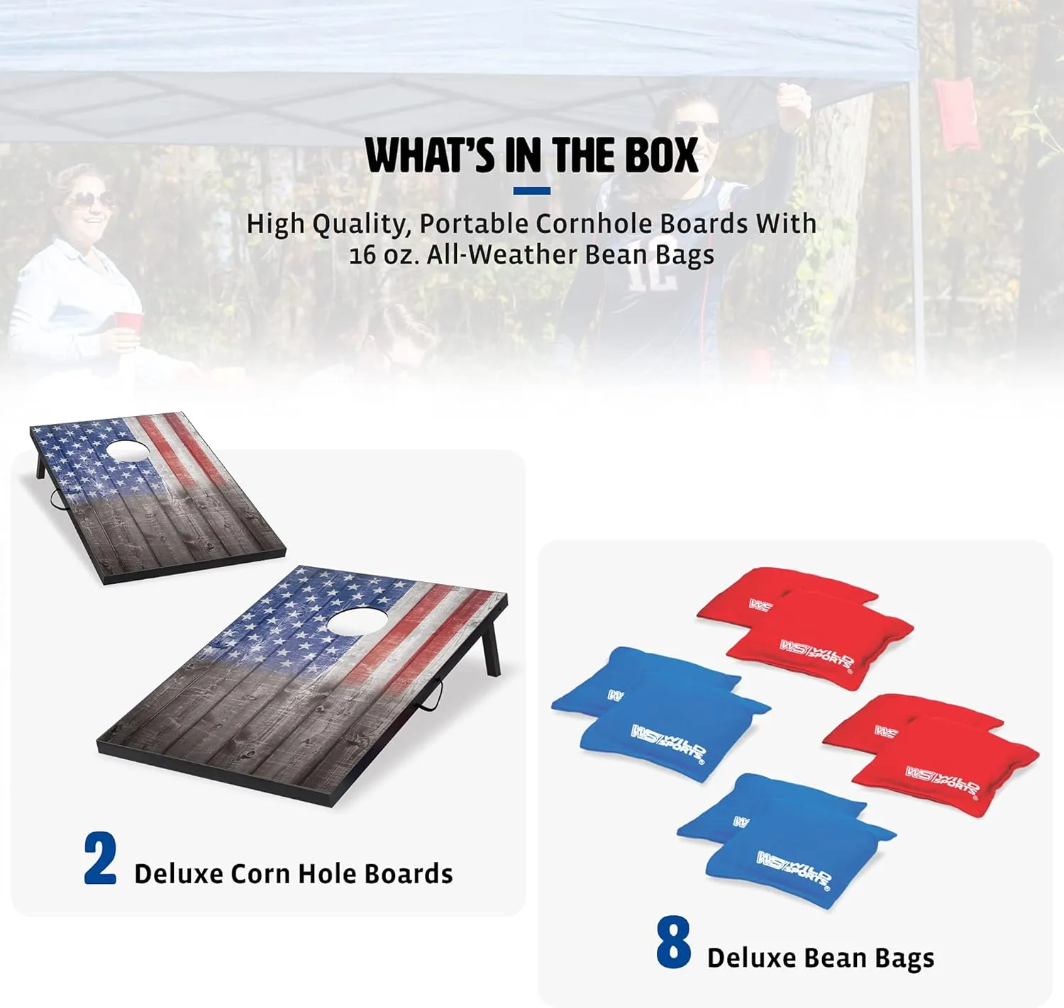 Wild Sports 2’x3’ or 2’x4’ Cornhole Outdoor Game Set, USA Flag or Natural Wood Options with Carry Bag Included – Perfect for Backyard, Beach, and Tailgates, Add On Extra Bags