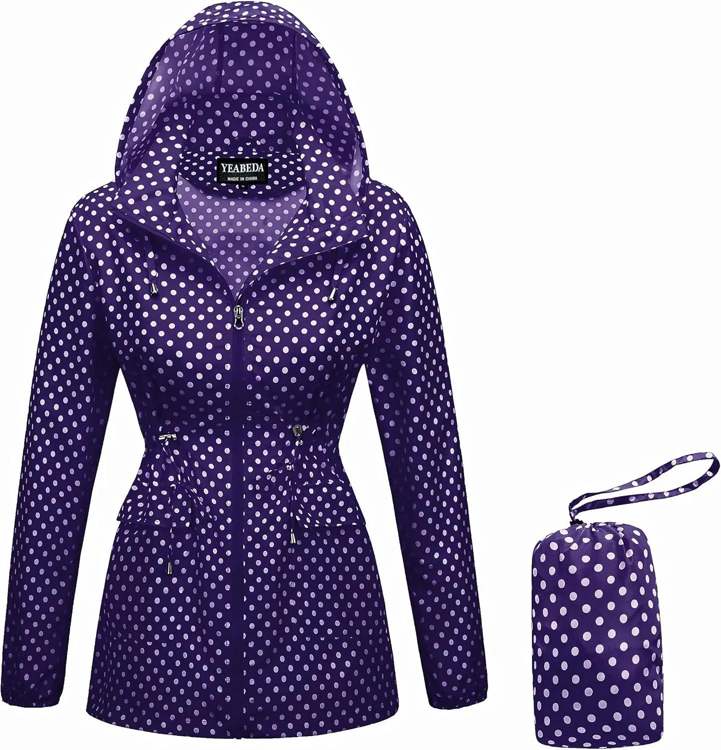 Women-Rain Jacket-Hood Waterproof-Lightweight Windbreak-Packable — Cute RainCoats Travel Polka Dot Ladies With Pouch
