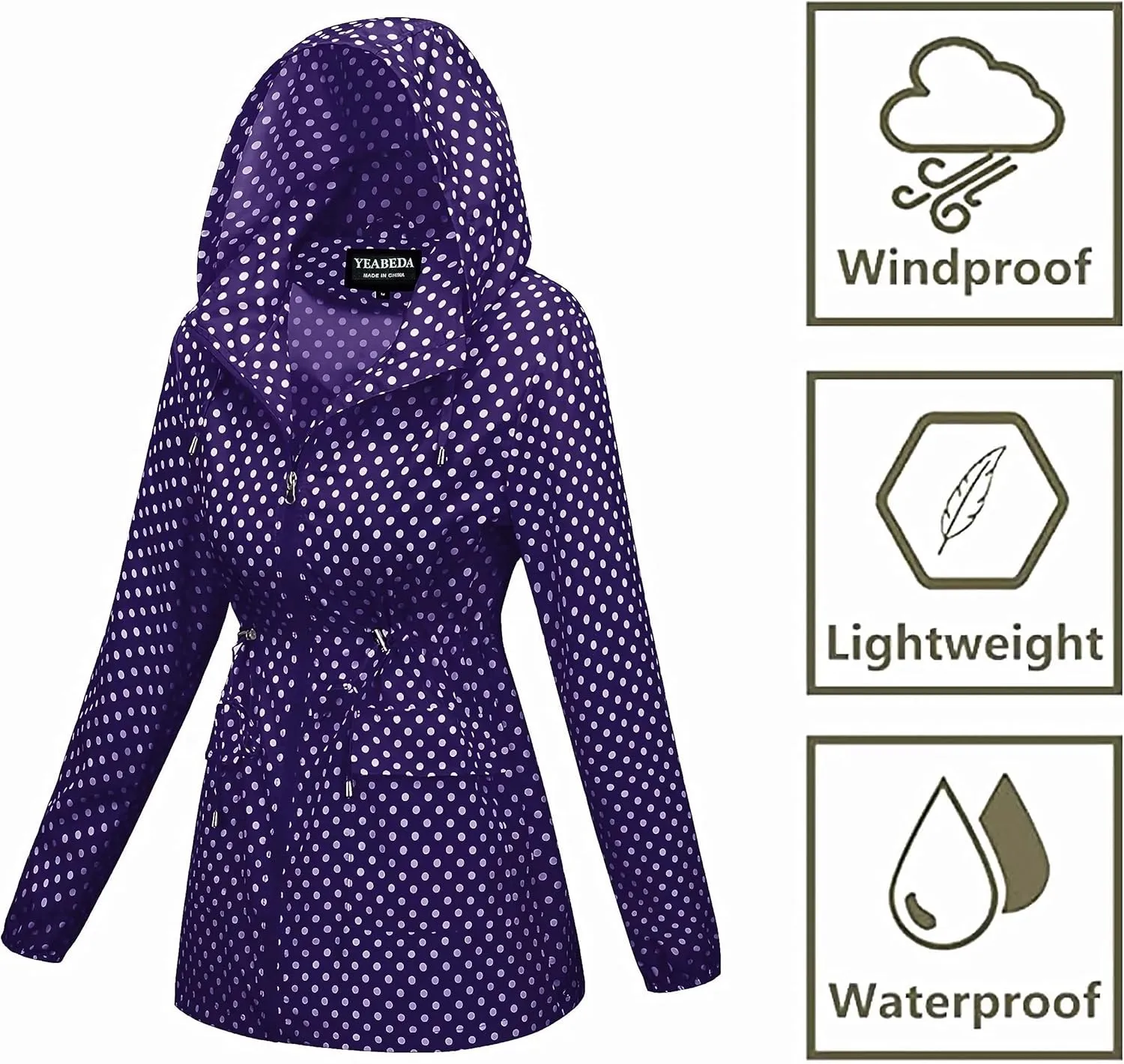 Women-Rain Jacket-Hood Waterproof-Lightweight Windbreak-Packable — Cute RainCoats Travel Polka Dot Ladies With Pouch