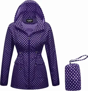 Women-Rain Jacket-Hood Waterproof-Lightweight Windbreak-Packable — Cute RainCoats Travel Polka Dot Ladies With Pouch