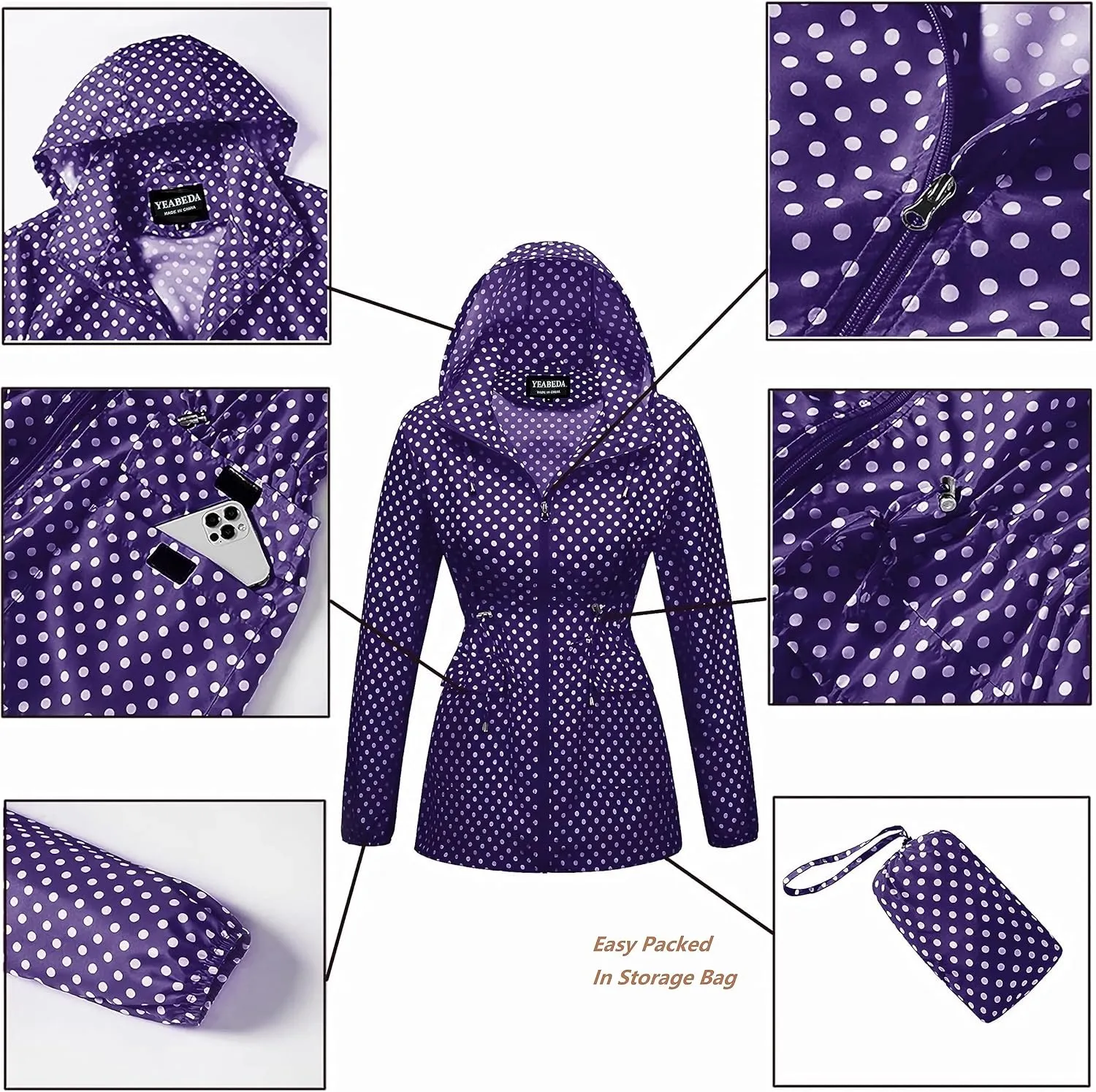 Women-Rain Jacket-Hood Waterproof-Lightweight Windbreak-Packable — Cute RainCoats Travel Polka Dot Ladies With Pouch