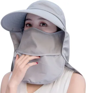 Women Wide Brim Face Mask Sun Hat Detachable Neck Face Flap Ponytail UV Protection Visor Hat Garden Fishing Hiking