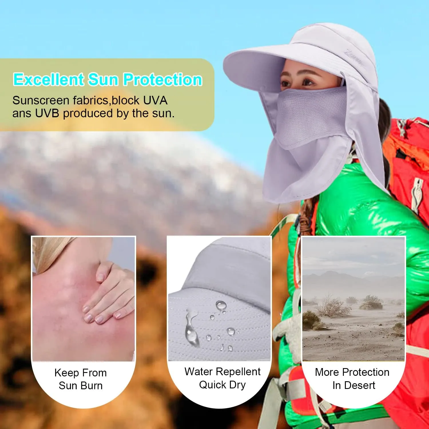 Women Wide Brim Face Mask Sun Hat Detachable Neck Face Flap Ponytail UV Protection Visor Hat Garden Fishing Hiking
