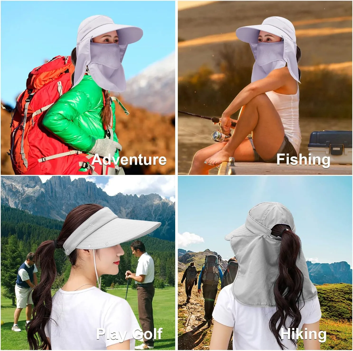 Women Wide Brim Face Mask Sun Hat Detachable Neck Face Flap Ponytail UV Protection Visor Hat Garden Fishing Hiking