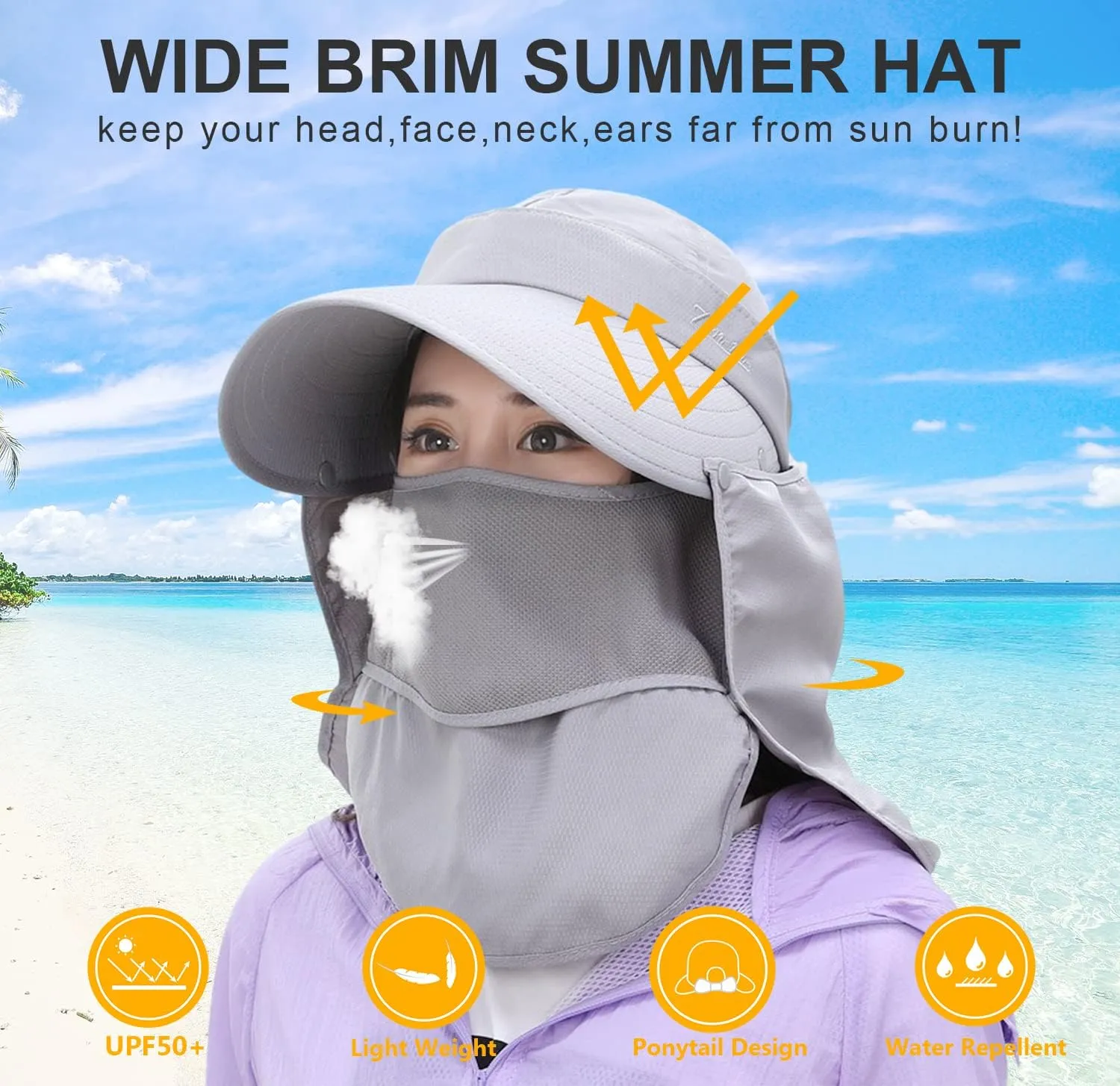 Women Wide Brim Face Mask Sun Hat Detachable Neck Face Flap Ponytail UV Protection Visor Hat Garden Fishing Hiking