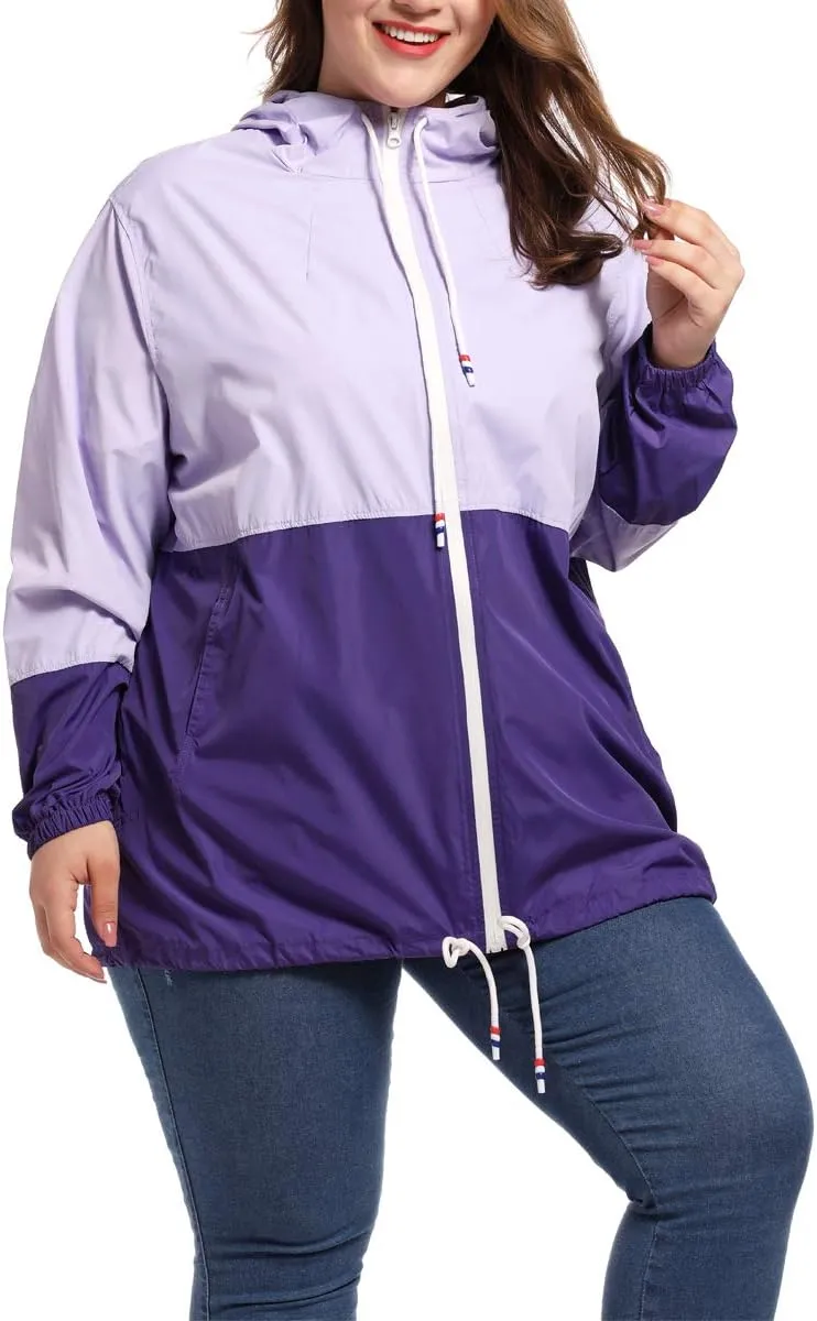 Women's Plus Size Rain Jacket Lightweight Hooded Rain Coat Windbreaker