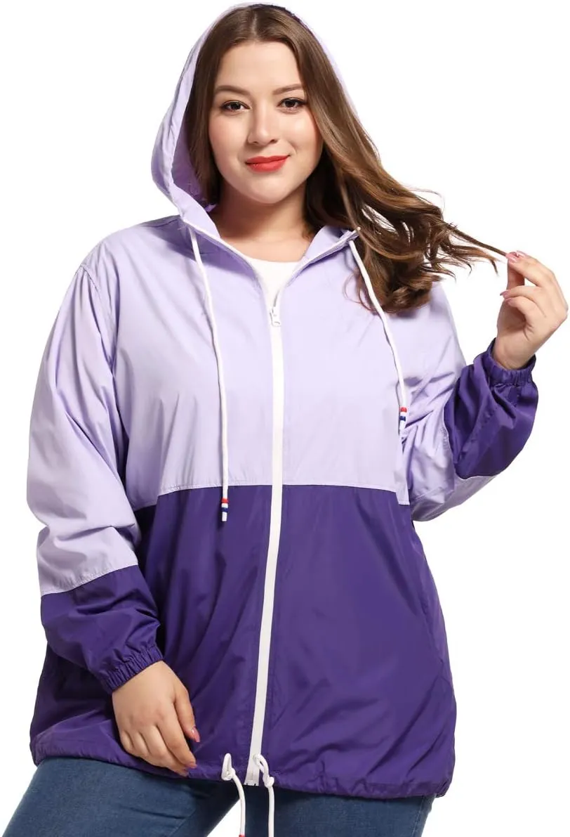 Women's Plus Size Rain Jacket Lightweight Hooded Rain Coat Windbreaker