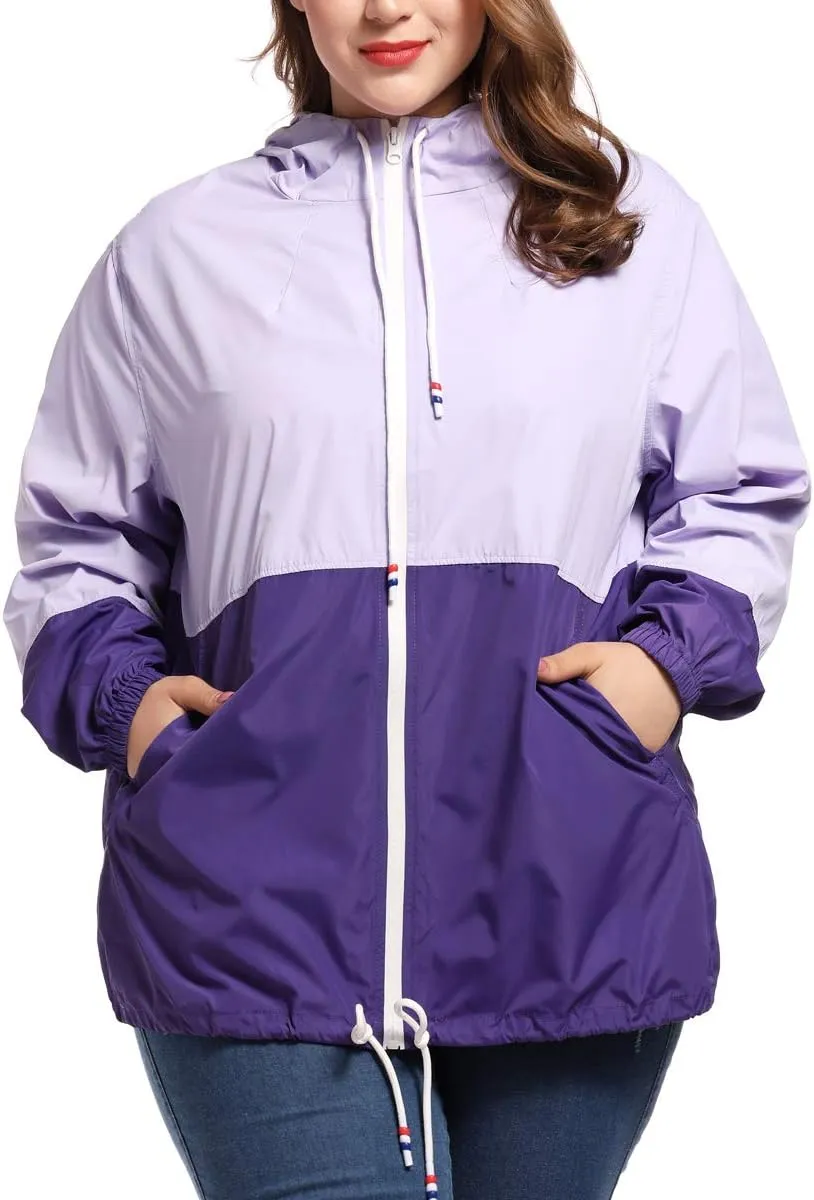 Women's Plus Size Rain Jacket Lightweight Hooded Rain Coat Windbreaker