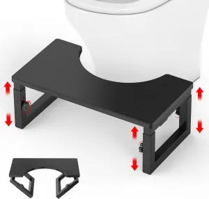 Wood Toilet Stool Foldable, 6" and 7" Adjustable Height Squat Stool Potty for Adults Kids, Sturdy Poop Step Stool for Bathroom, Improve Squatting Posture and Comfort, Non-Slip, Black