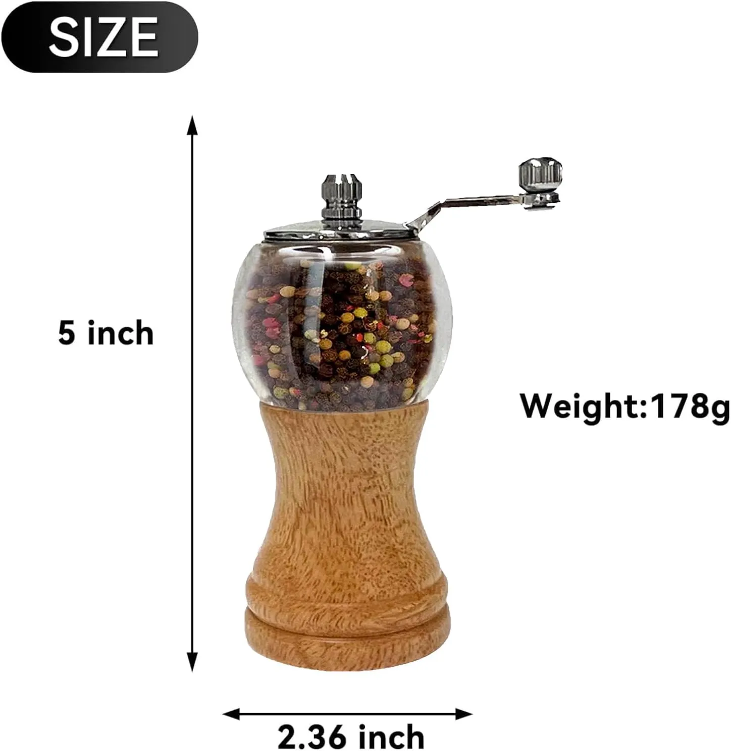 Wooden Acrylic Grinder Set, Hand Crank Salt and Pepper Mill with Handle, Ceramic Blade Grinding, Adjustable Coarse, Grinder for Kitchen,Pack of 2, Wood Colour