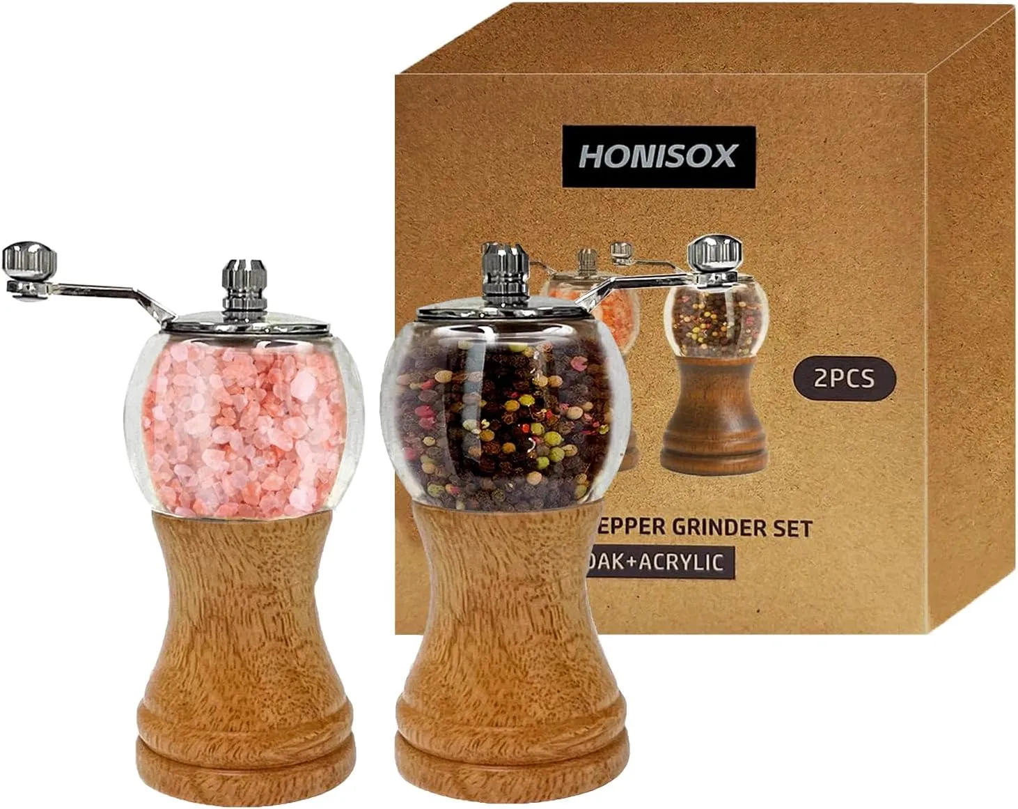 Wooden Acrylic Grinder Set, Hand Crank Salt and Pepper Mill with Handle, Ceramic Blade Grinding, Adjustable Coarse, Grinder for Kitchen,Pack of 2, Wood Colour