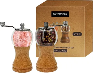 Wooden Acrylic Grinder Set, Hand Crank Salt and Pepper Mill with Handle, Ceramic Blade Grinding, Adjustable Coarse, Grinder for Kitchen,Pack of 2, Wood Colour