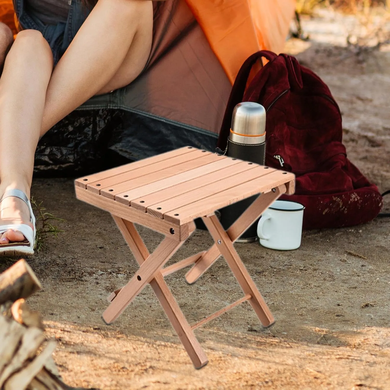 Wooden Folding Stool Foldable Stool with x Shaped Structure Compact Outside Fishing Chair Fishing Stool for Travel BBQ Beach