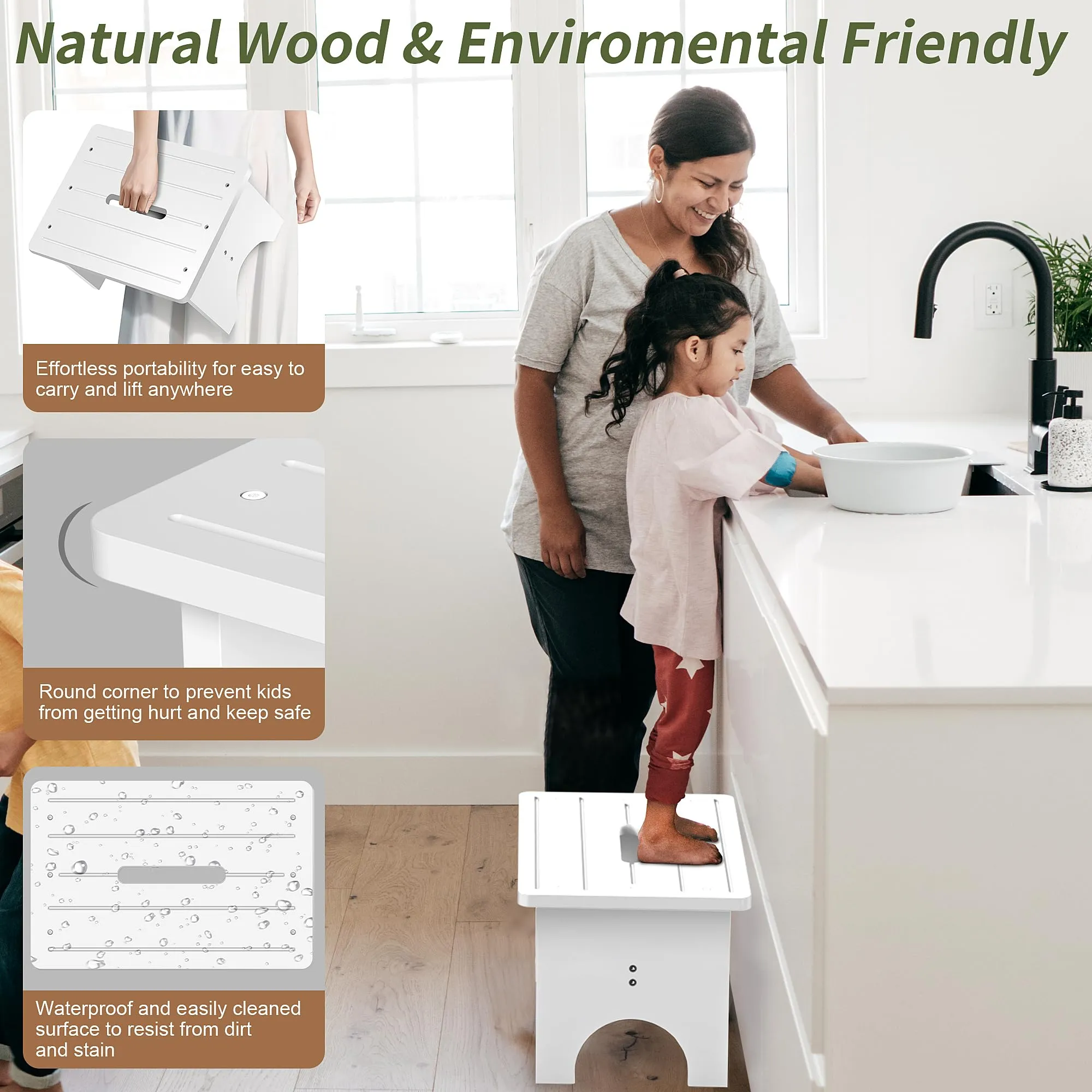 Wooden Step Stool for Adults, 9" Portable Wood Step Stool for Kids, Heavy Duty Bedside One Step Stool with 550 Lbs Load Capacity, Non-Slip White Foot Step Stool for Kitchen Bathroom Bedroom