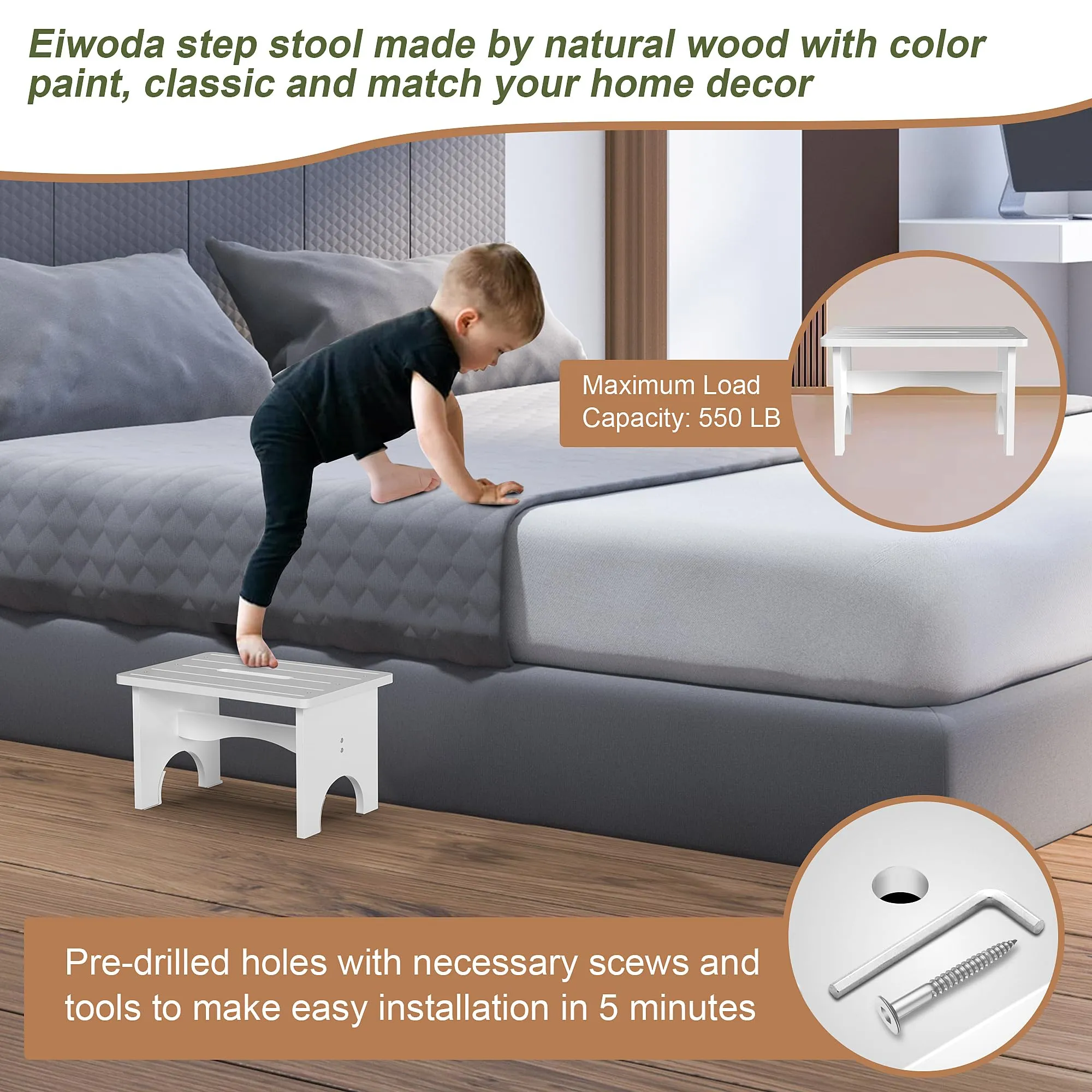 Wooden Step Stool for Adults, 9" Portable Wood Step Stool for Kids, Heavy Duty Bedside One Step Stool with 550 Lbs Load Capacity, Non-Slip White Foot Step Stool for Kitchen Bathroom Bedroom
