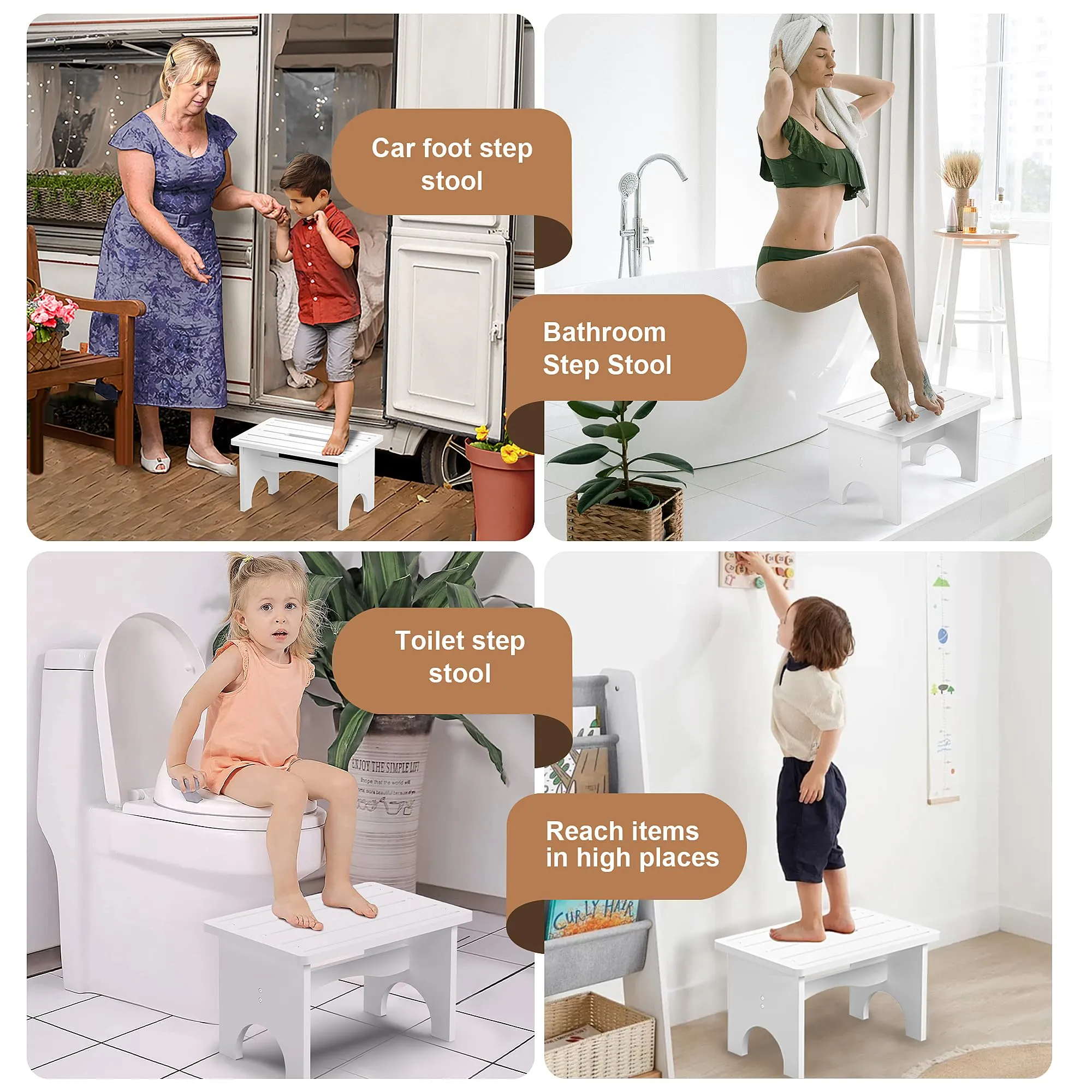 Wooden Step Stool for Adults, 9" Portable Wood Step Stool for Kids, Heavy Duty Bedside One Step Stool with 550 Lbs Load Capacity, Non-Slip White Foot Step Stool for Kitchen Bathroom Bedroom