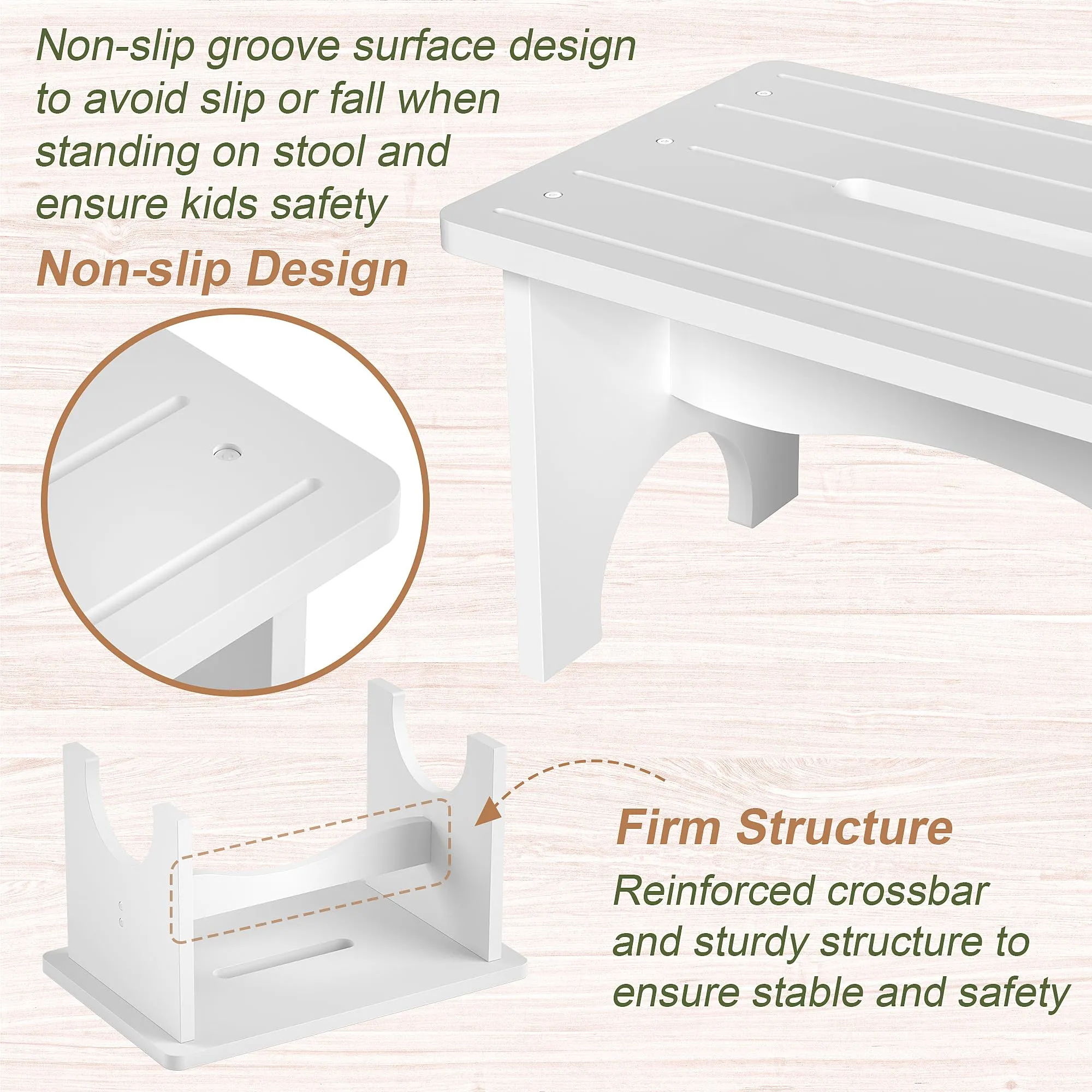 Wooden Step Stool for Adults, 9" Portable Wood Step Stool for Kids, Heavy Duty Bedside One Step Stool with 550 Lbs Load Capacity, Non-Slip White Foot Step Stool for Kitchen Bathroom Bedroom