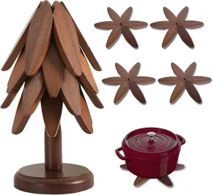 Wooden Trivets for Hot Dishes–Wooden Trivet Tree Set with Wooden Leaves Design–Durable, Wood Coaster Set for Hot Dishes, Pot, Bowl, Coffee, Teapot –Includes 4 Trivets   1 Stand (Walnut Wood)