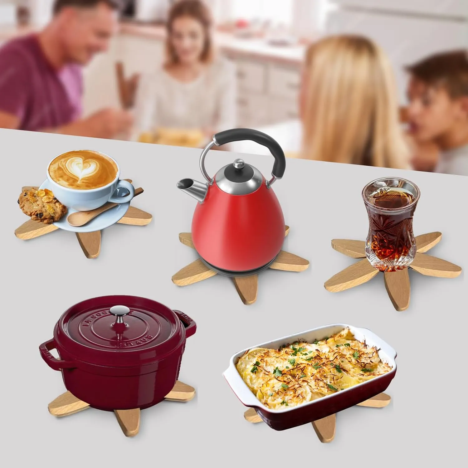 Wooden Trivets for Hot Dishes–Wooden Trivet Tree Set with Wooden Leaves Design–Durable, Wood Coaster Set for Hot Dishes, Pot, Bowl, Coffee, Teapot –Includes 4 Trivets   1 Stand (Walnut Wood)