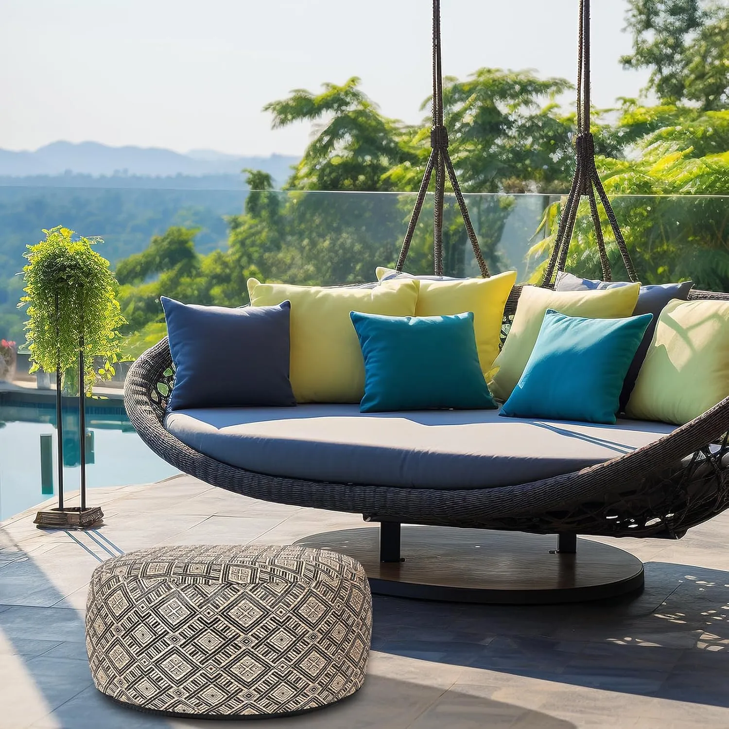 Woven Inflatable Ottoman D21”x H10” Outdoor Indoor Pouf Patio Footrest Stool with Portable Handle, Round Ottoman for Patio Garden, Camping, Bedroom, Living Room