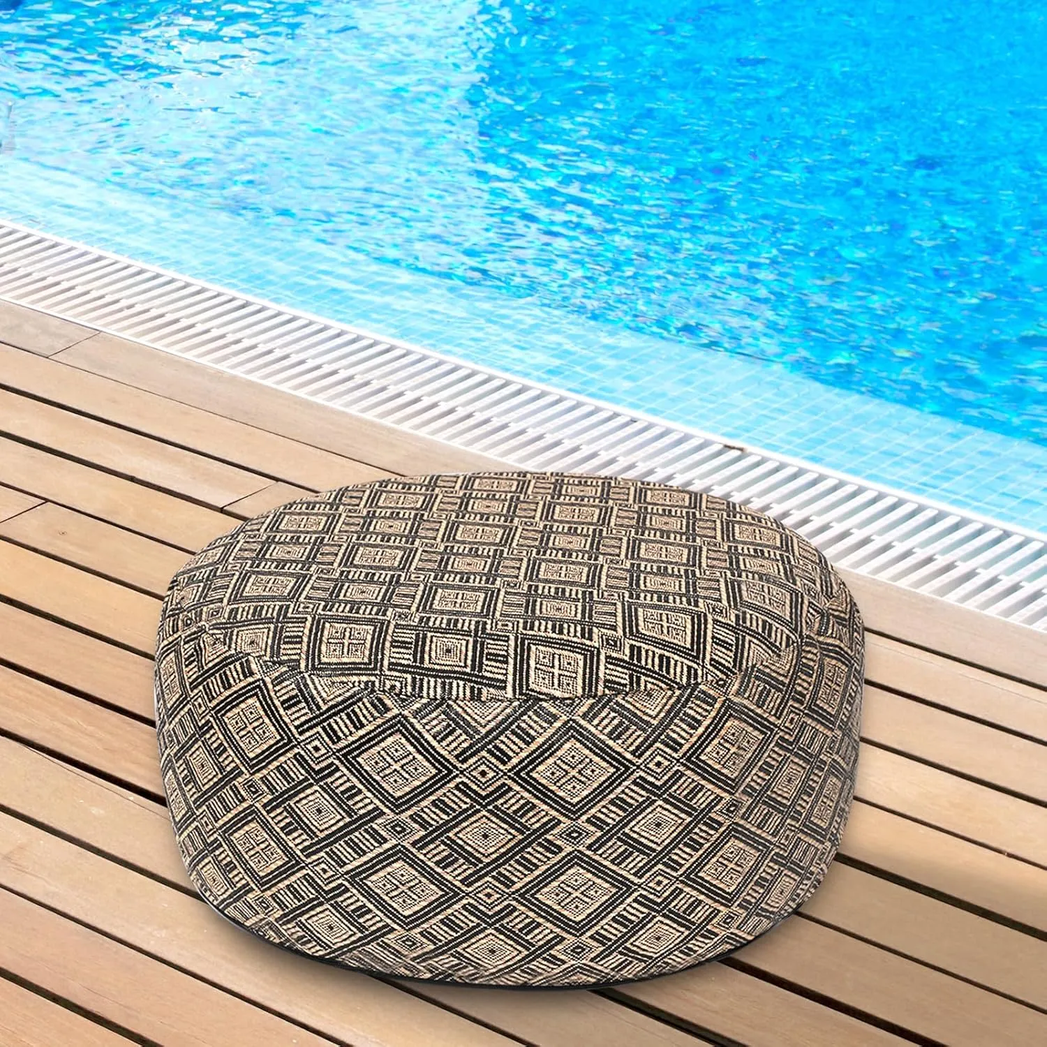 Woven Inflatable Ottoman D21”x H10” Outdoor Indoor Pouf Patio Footrest Stool with Portable Handle, Round Ottoman for Patio Garden, Camping, Bedroom, Living Room