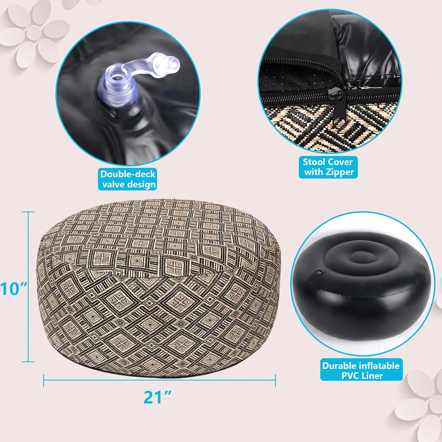 Woven Inflatable Ottoman D21”x H10” Outdoor Indoor Pouf Patio Footrest Stool with Portable Handle, Round Ottoman for Patio Garden, Camping, Bedroom, Living Room