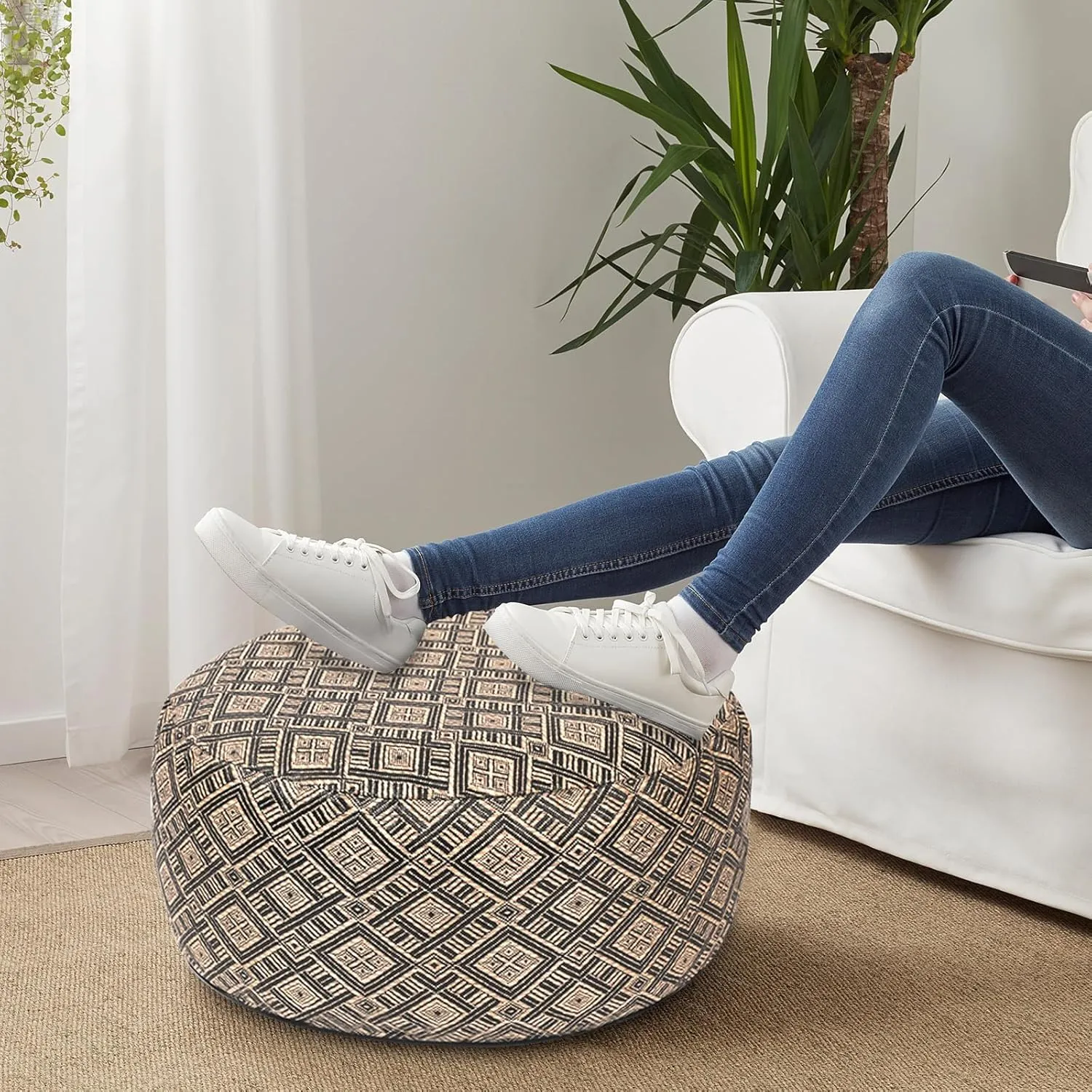 Woven Inflatable Ottoman D21”x H10” Outdoor Indoor Pouf Patio Footrest Stool with Portable Handle, Round Ottoman for Patio Garden, Camping, Bedroom, Living Room