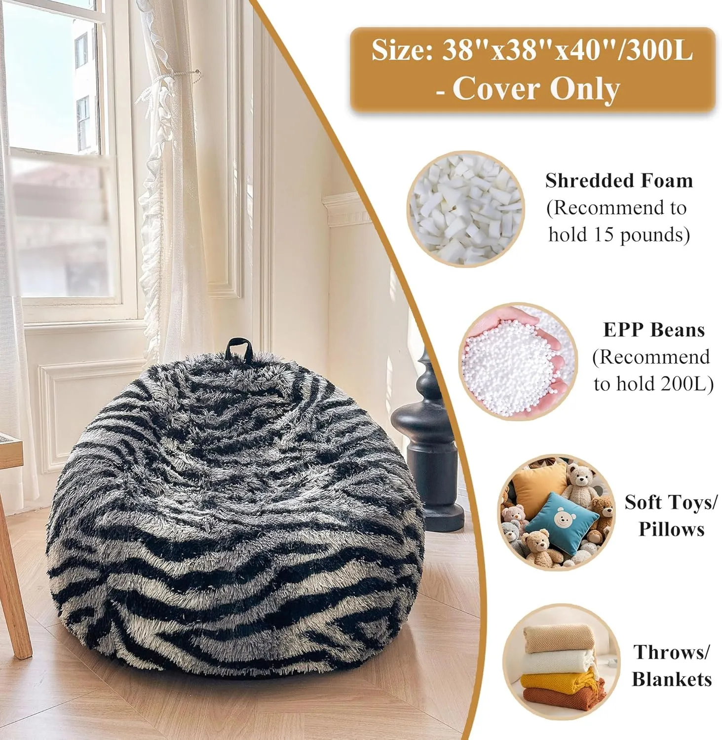 XeGe Zebra Print Faux Fur Bean Bag Cover (No Filler), Fluffy Stuffed Animal Storage Bean Bag Chair Shell for Living Room Dorm, Furry Fuzzy Striped Beanbag Cover for Adults Teens Kids, Anti-slip, Grey