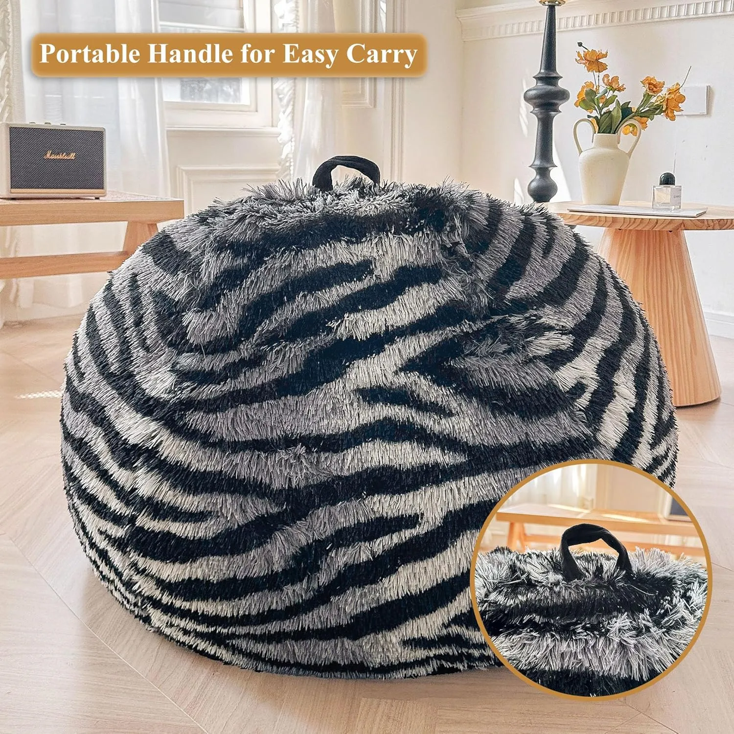 XeGe Zebra Print Faux Fur Bean Bag Cover (No Filler), Fluffy Stuffed Animal Storage Bean Bag Chair Shell for Living Room Dorm, Furry Fuzzy Striped Beanbag Cover for Adults Teens Kids, Anti-slip, Grey