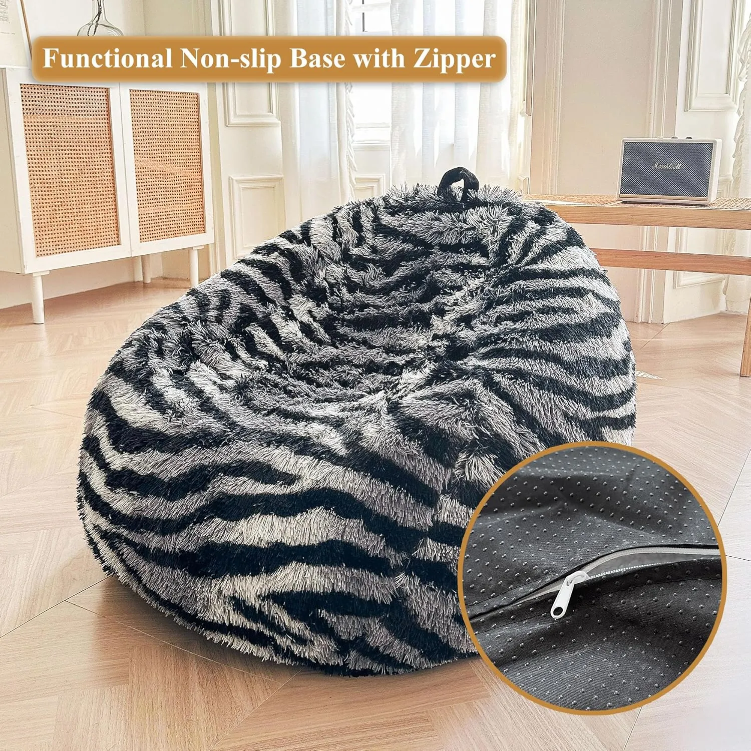 XeGe Zebra Print Faux Fur Bean Bag Cover (No Filler), Fluffy Stuffed Animal Storage Bean Bag Chair Shell for Living Room Dorm, Furry Fuzzy Striped Beanbag Cover for Adults Teens Kids, Anti-slip, Grey