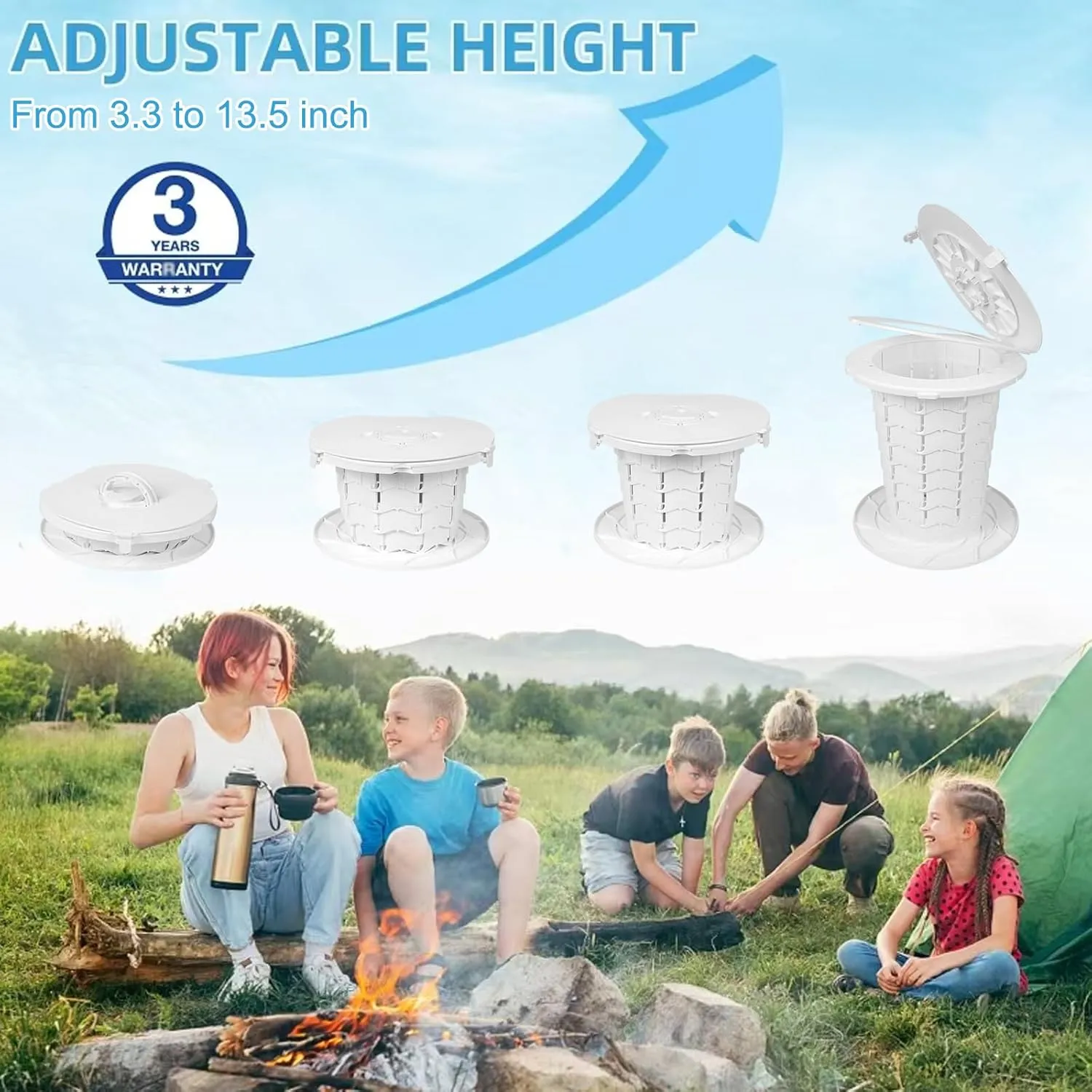 XL Portable Toilet - 13"H Adjustable Foldable Camping Toilet, Luggable Loo with Lid, Strap,Toilet Bag for Camping, Hiking, Travel and Car