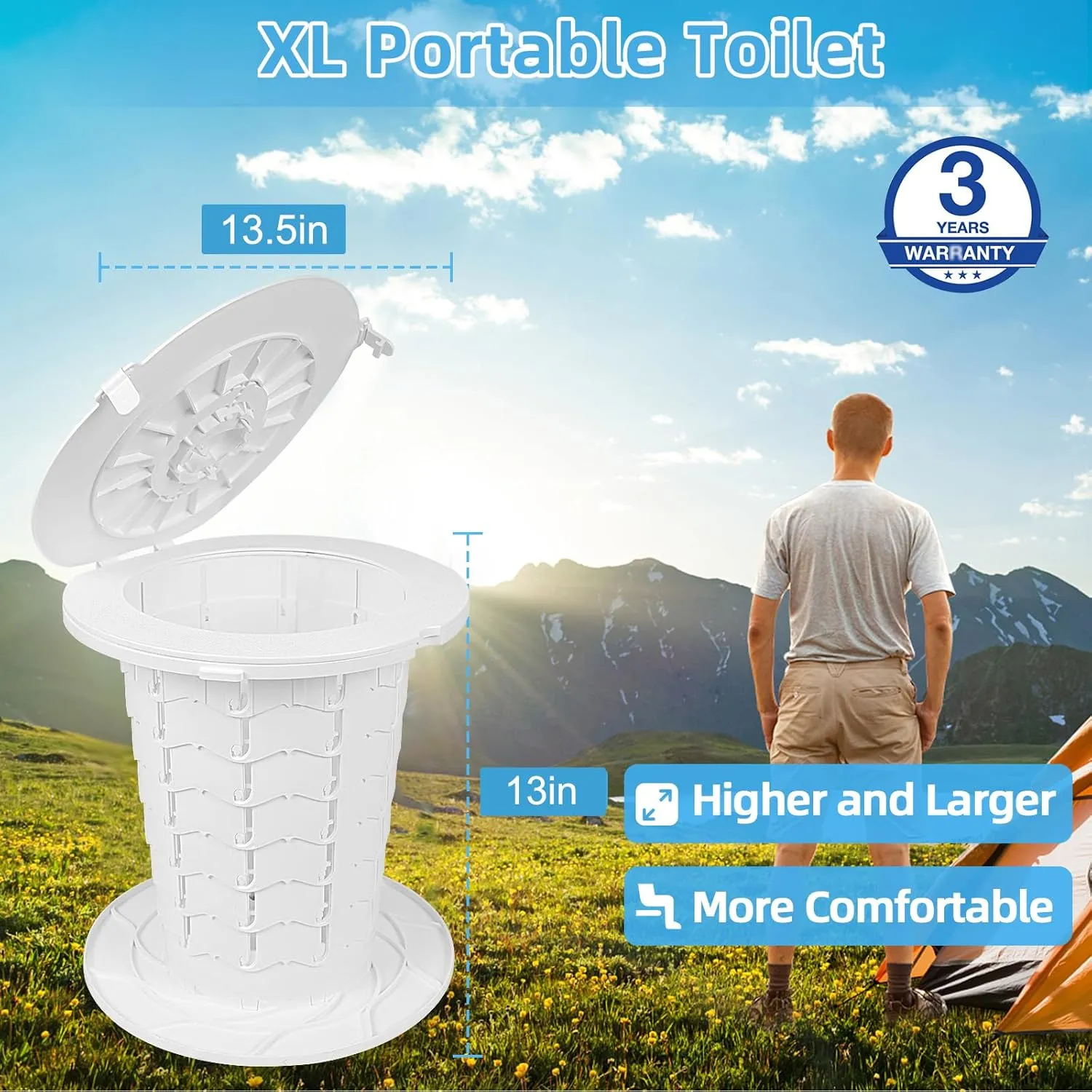 XL Portable Toilet - 13"H Adjustable Foldable Camping Toilet, Luggable Loo with Lid, Strap,Toilet Bag for Camping, Hiking, Travel and Car