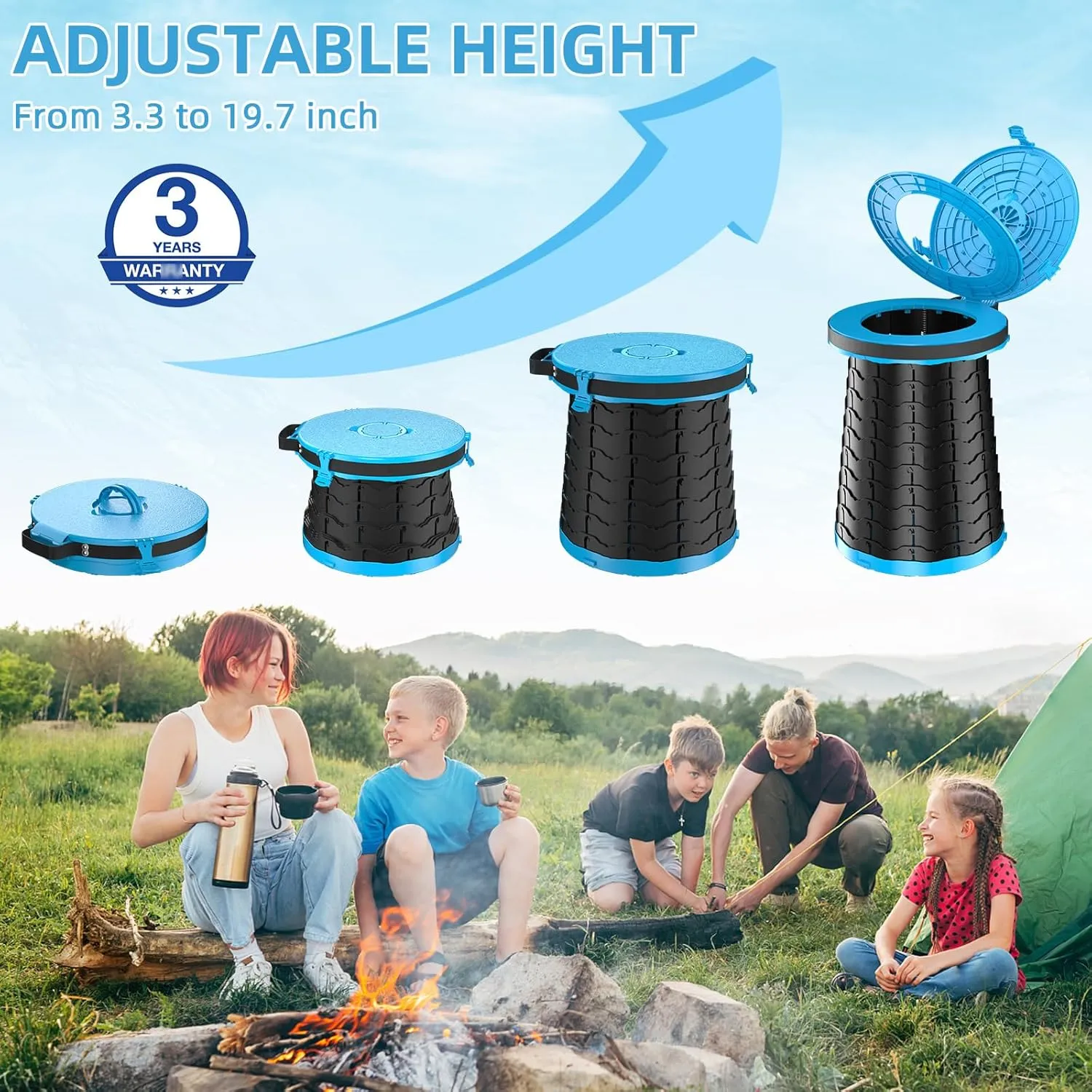 XXL Portable Toilet - 19.7"H Adjustable Foldable Camping Toilet, Luggable Loo with Lid, Strap,Toilet Bag for Camping, Hiking, Travel and Car