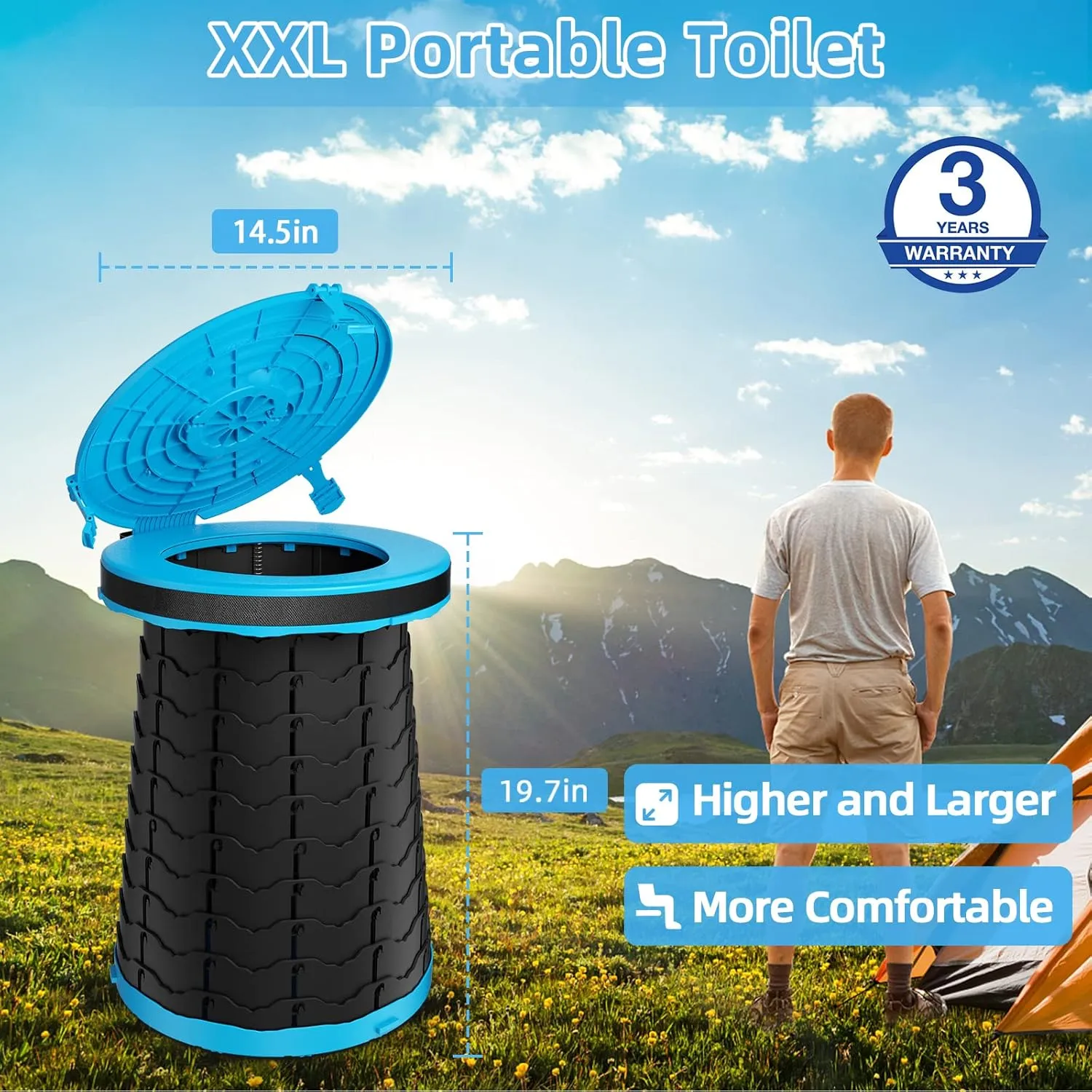 XXL Portable Toilet - 19.7"H Adjustable Foldable Camping Toilet, Luggable Loo with Lid, Strap,Toilet Bag for Camping, Hiking, Travel and Car
