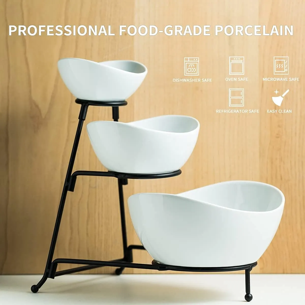 YHOSSEUN 3 Tier Serving Stand with 3 Oval Porcelain Serving Bowl Set with Collapsible Thicker Sturdier Metal Rack (Black)