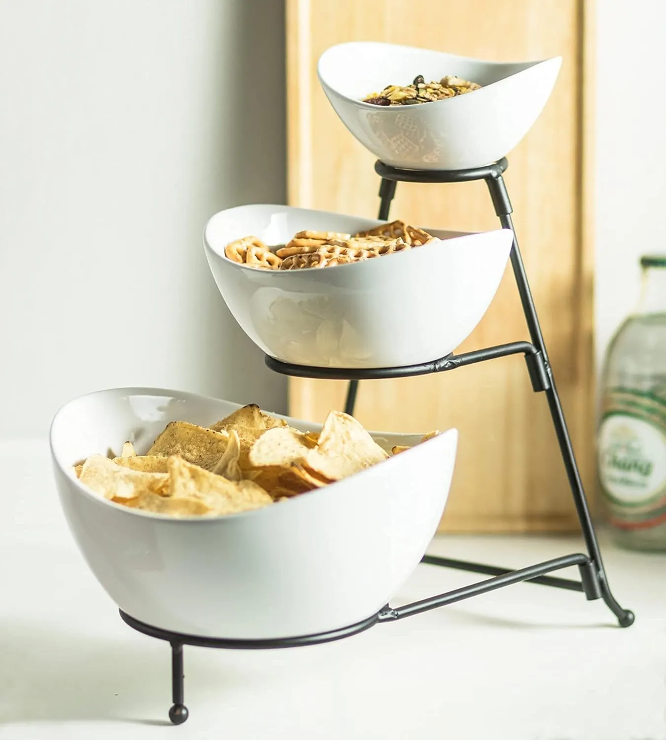 YHOSSEUN 3 Tier Serving Stand with 3 Oval Porcelain Serving Bowl Set with Collapsible Thicker Sturdier Metal Rack (Black)