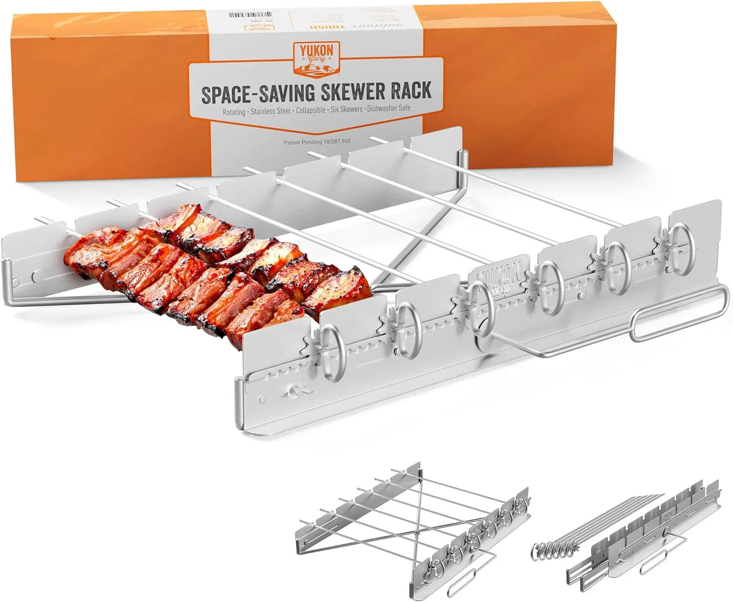 Yukon Glory BBQ Kabob Grill Rack | Rotating Kebab Skewers | Collapsible Stainless Steel Holder | Grilling Accessories | Six Metal Skewers for Grilling