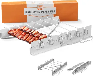 Yukon Glory BBQ Kabob Grill Rack | Rotating Kebab Skewers | Collapsible Stainless Steel Holder | Grilling Accessories | Six Metal Skewers for Grilling