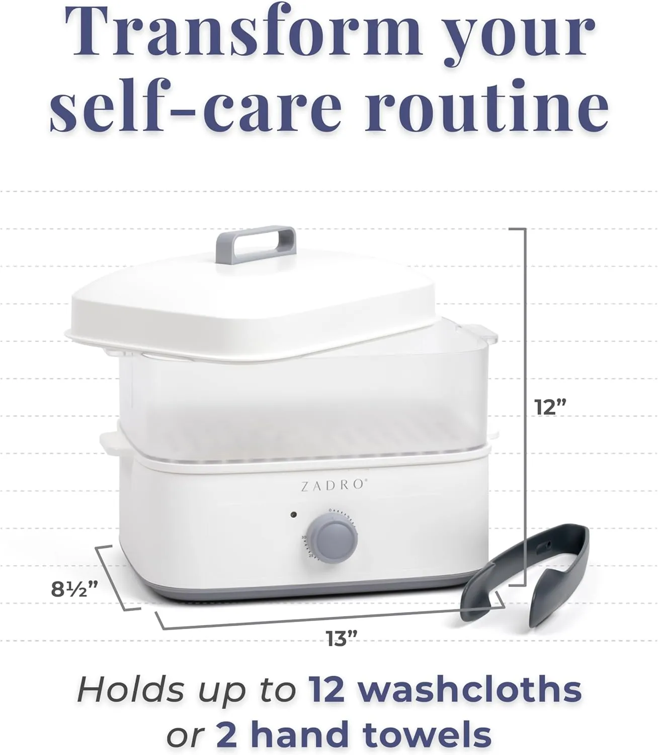 Zadro Towel Steamer with Tongs, 850W Heater, 8L Tray, 1.7L Tank, 30-min Timer for Facials, Manicures, Pedicures, Shaving (13"x12", 120V/850W, 8L, Tan/Gray)