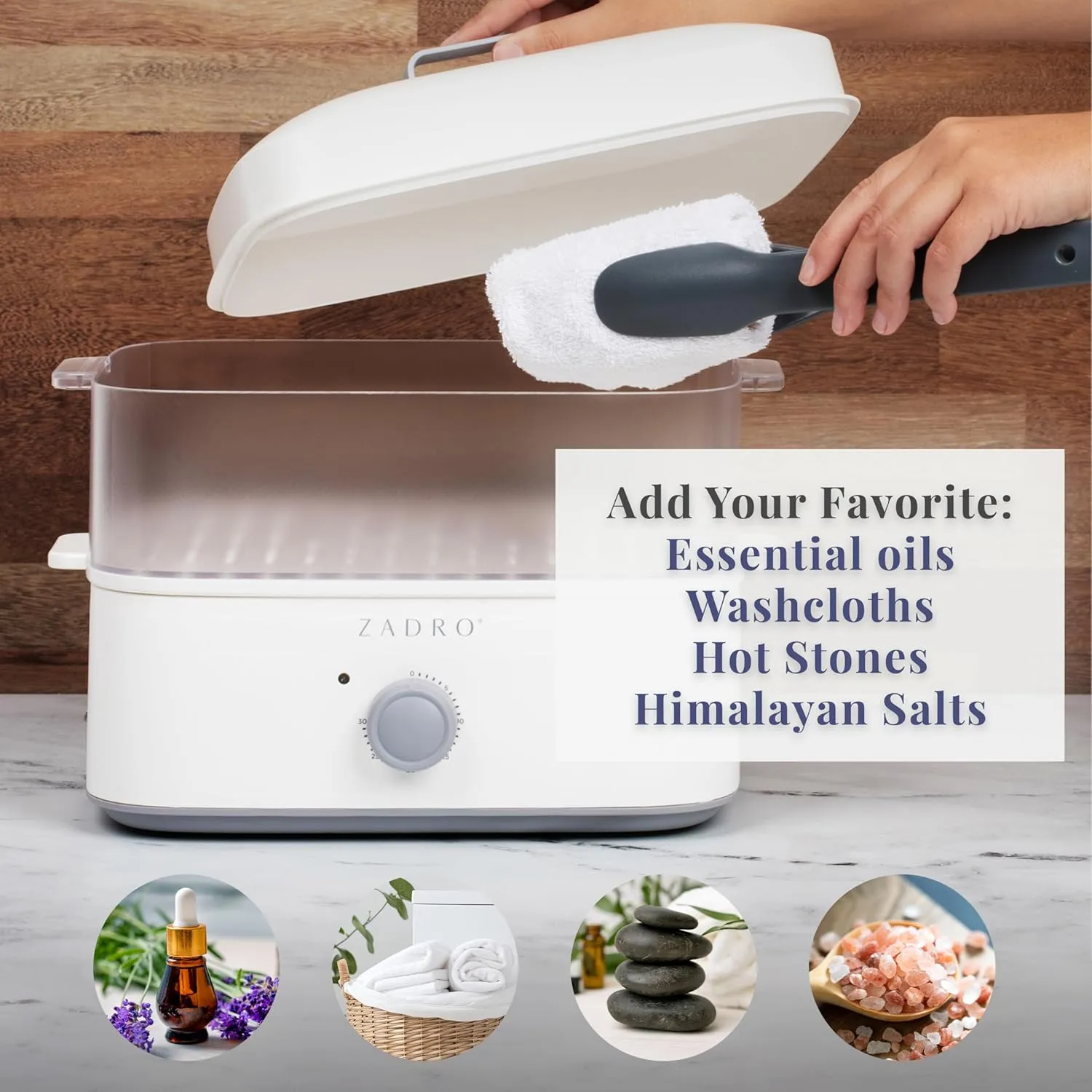 Zadro Towel Steamer with Tongs, 850W Heater, 8L Tray, 1.7L Tank, 30-min Timer for Facials, Manicures, Pedicures, Shaving (13"x12", 120V/850W, 8L, Tan/Gray)