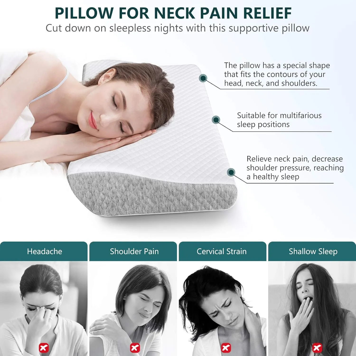 ZAMAT Contour Memory Foam Pillow for Neck Pain Relief, Adjustable Ergonomic Cervical Pillow for Sleeping, Orthopedic Neck Pillow with Washable Cover, Bed Pillows for Side, Back, Stomach Sleepers
