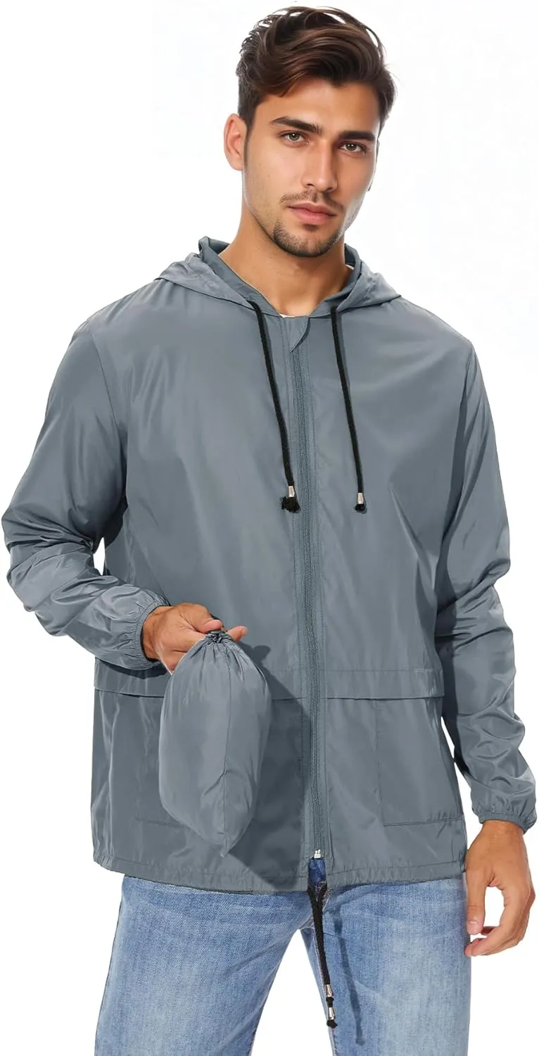 Zando Packable Mens Rain Jacket Lightweight Raincoat Waterproof with Hood Outdoor Windbreaker Jacket Travel Rain Jackets