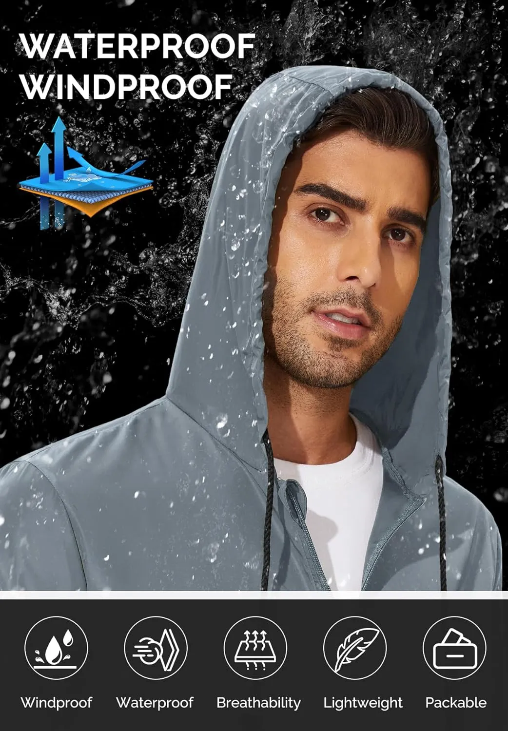 Zando Packable Mens Rain Jacket Lightweight Raincoat Waterproof with Hood Outdoor Windbreaker Jacket Travel Rain Jackets